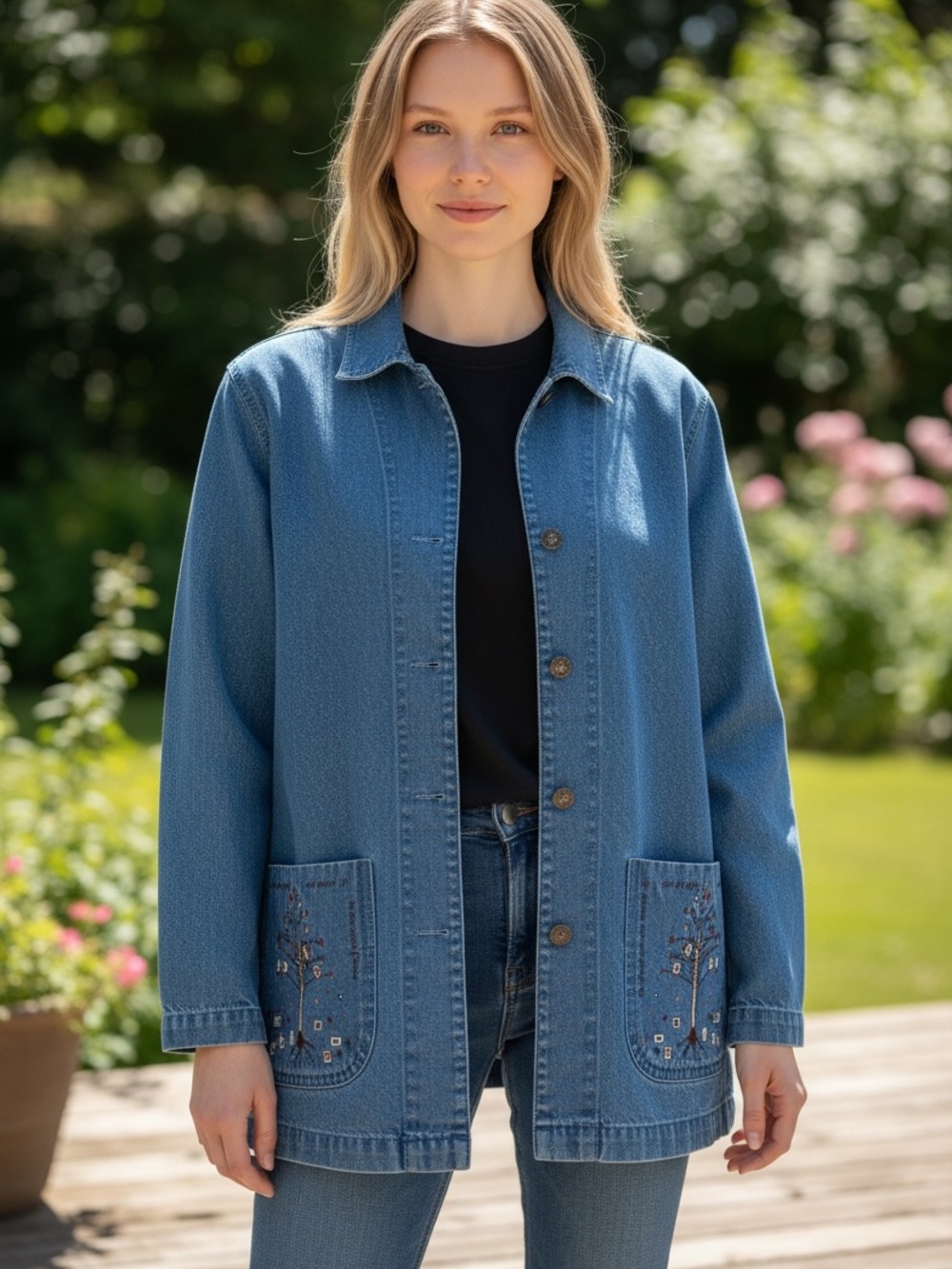 Christopher & Banks Blue Denim Jacket with Embroidered Patch Pockets